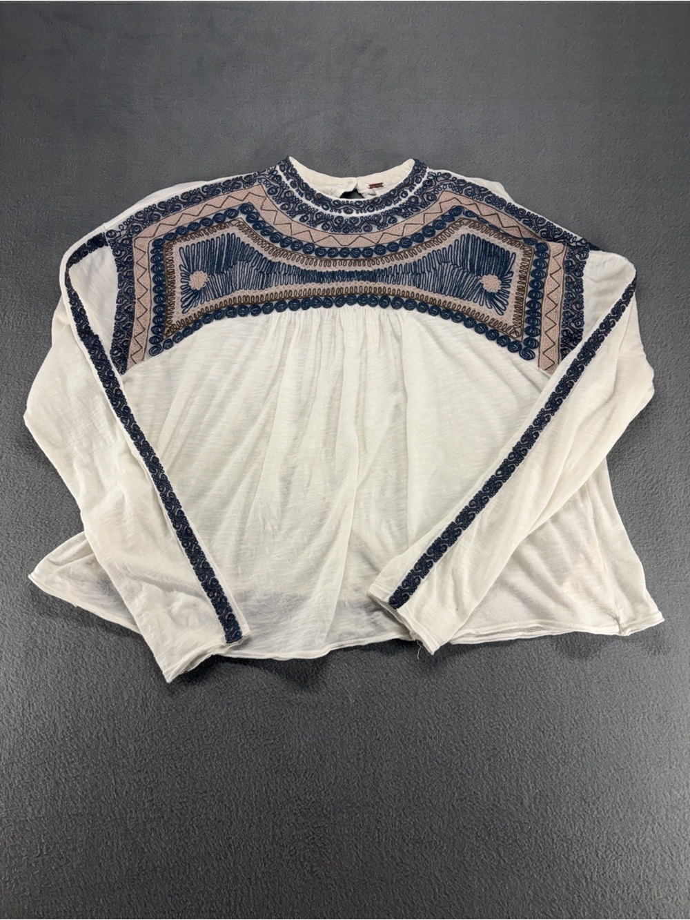 Free People White Long-Sleeve Embroidered Peasant Blouse Size M